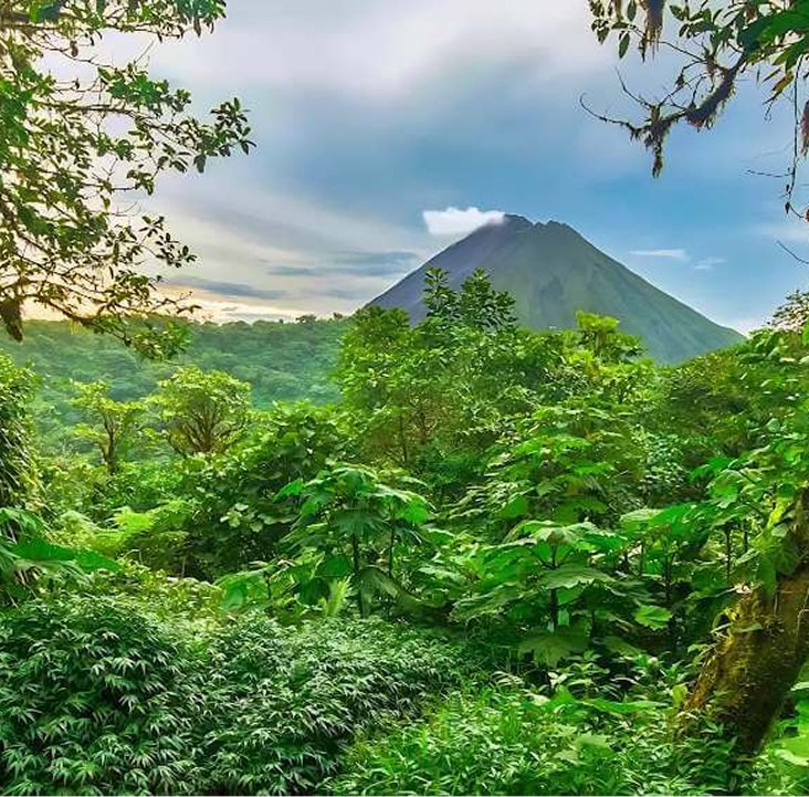 Costa Rica rainforest with volcano